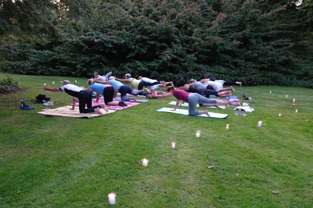 Yogagruppe übt im Freien auf einer Wiese im Park