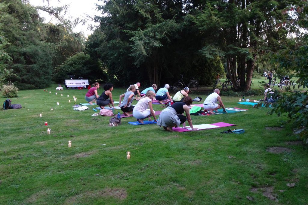 Yogagruppe übt im Freien auf einer Wiese im Park