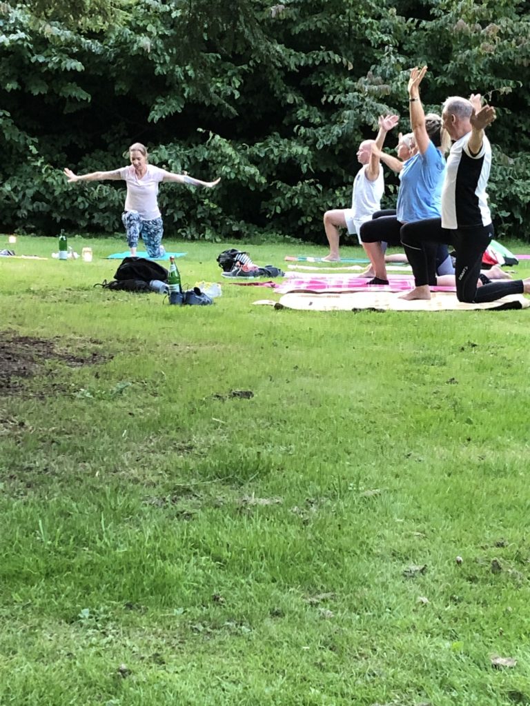 Yogagruppe übt im Freien auf einer Wiese im Park