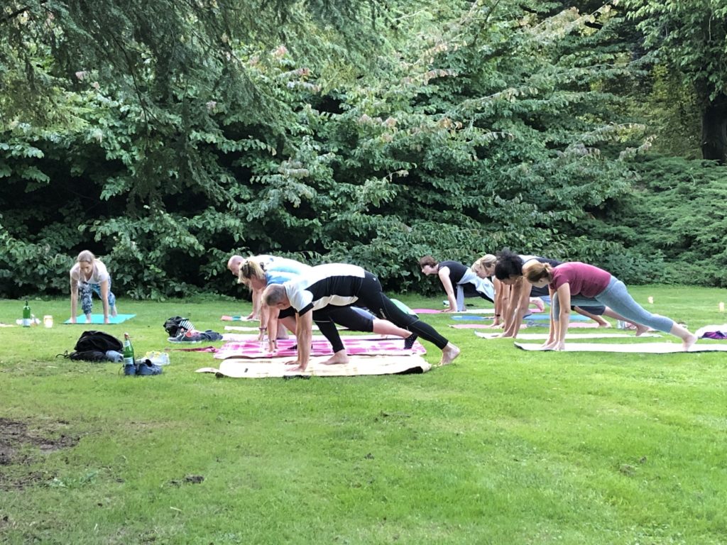 Yogagruppe übt im Freien auf einer Wiese im Park