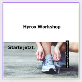 Ein kniender Athlet schnürt sich den Laufschuh zu, Aufschrift „Hyrox Workshop – Starte jetzt“