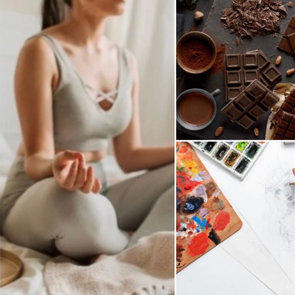 Frau meditiert im Schneidersitz, daneben Kakao und Malutensilien – Workshop Yin Yoga, Kakaozeremonie & Kunst