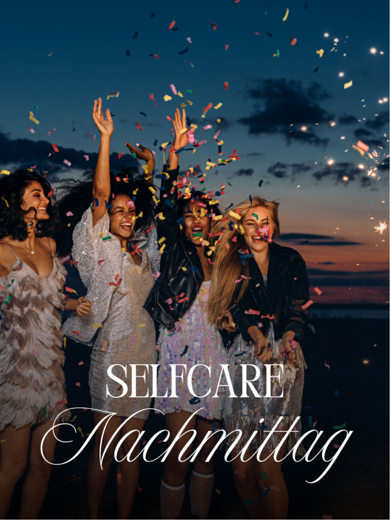 Frauen feiern mit Konfetti unter dem Abendhimmel – Selfcare-Nachmittag für Frauen