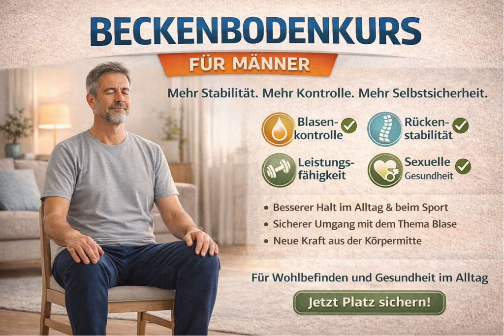 Flyer Beckenbodenkurs für Männer: Mann sitzt auf einem Stuhl, daneben die Vorteile des Kurses